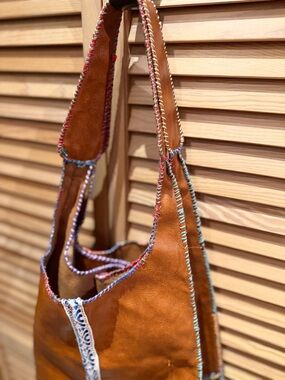 Brown Vegan Leather Shoulder Bucket Bag with Multicolor Handstitched Trim